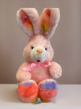 Vtg Walmart Korea pink rainbow Easter Bunny Plush Rabbit Stuffed Animal 8 inch